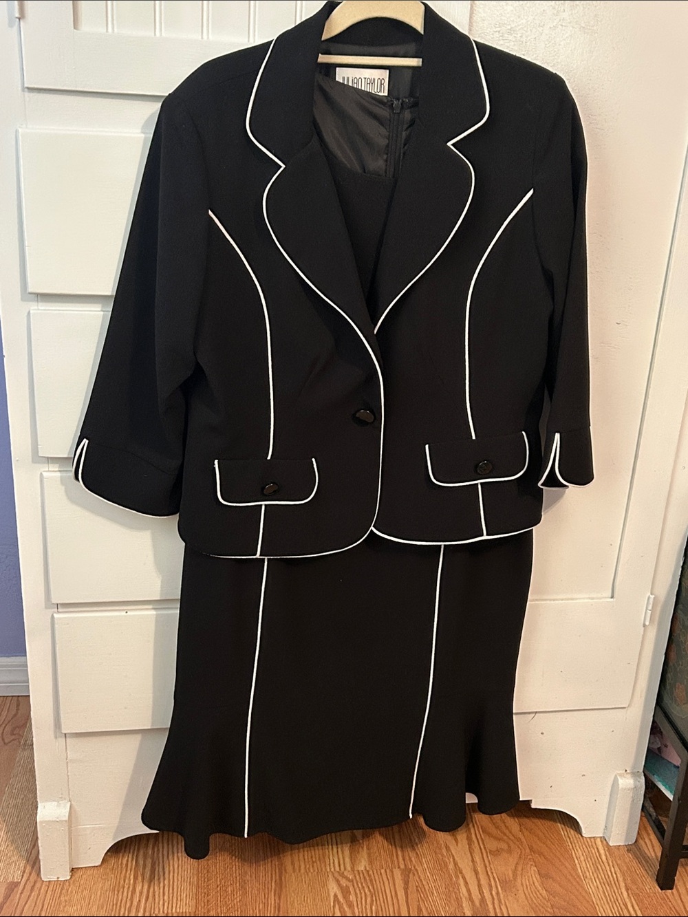 Julian Taylor Black Blazer and Dress Set with White Piping and pretty flare